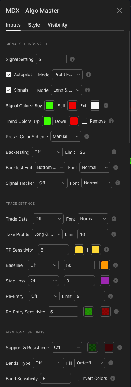Algo Master settings panel showing the Inputs tab open at the top