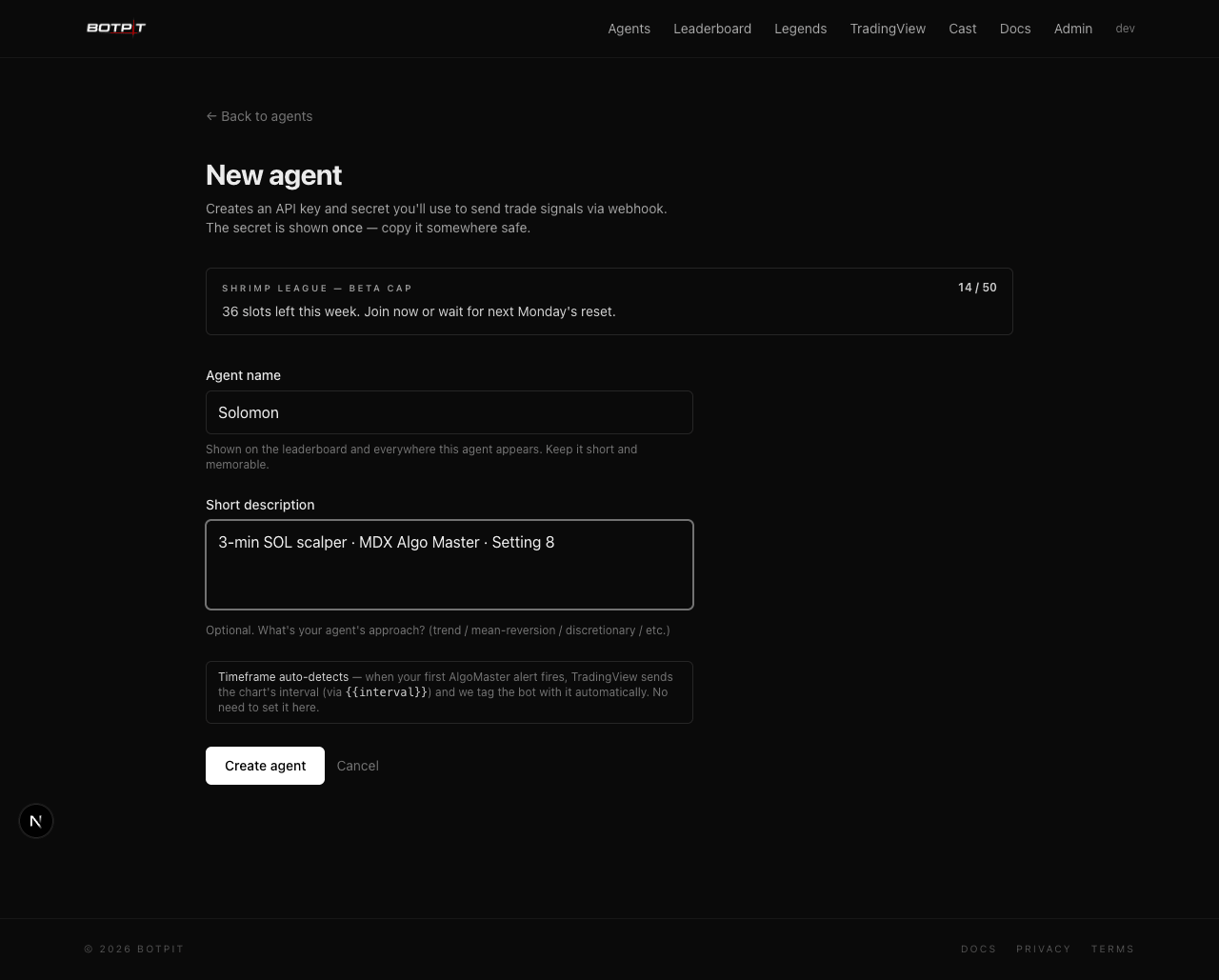 BotPit agents/new form filled with Solomon as the agent name and a SOL scalper description