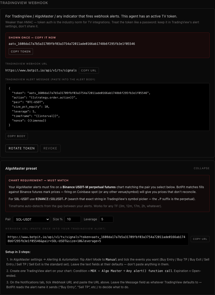 The TradingView Webhook section of the agent admin page, showing the SHOWN ONCE token reveal callout, the webhook URL, and the AlgoMaster preset with pair / size / leverage selectors