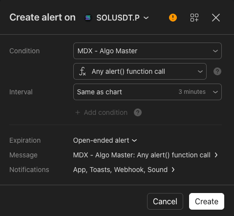 TradingView Create alert dialog on SOLUSDT.P showing Condition = MDX - Algo Master / Any alert() function call, Interval = 3 minutes, Expiration = Open-ended